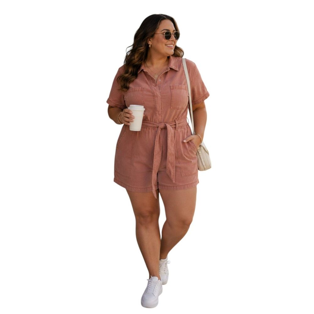 Future Collective Cotton Utility Romper Size Large Pink Belted Short Sleeve